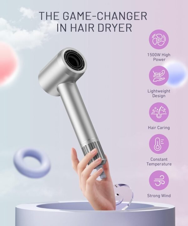Secador de cabelo – Secador de cabelo iônico negativo com motor sem escova de alta velocidade de 150.000 RPM para secagem rápida, secador de cabelo com controle térmico de baixo ruído com difusor - Imagem 5
