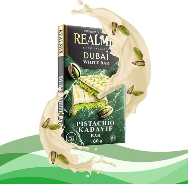 REALMIX Dubai Chocolate Directly from Dubai UAE | Authentic Dubai Milk Chocolate with Pistachios and Kunafa Filling | Made in Dubai U.A.E. | (Mini, White Chocolate) - Imagem 2