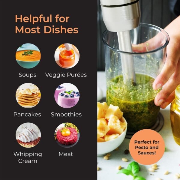 Mueller Liquidificador de imersão portátil – liquidificador manual elétrico de aço inoxidável de 8 velocidades, liquidificador de emulsão 3 em 1 portátil com modo turbo, emulsificante para cozinha - Imagem 6