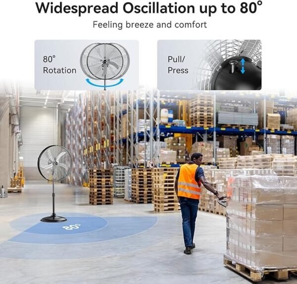 5300 CFM 20 "Ventilador de pedestal industrial de alta velocidade, ventilador de pé oscilante profissional de 3 velocidades com cabeça de tambor, ventilador de metal pesado para comercial, armazém, garagem, UL listado - Imagem 4