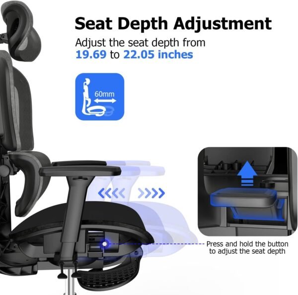 Cadeira de escritório de malha ergonômica com apoio de braço ajustável 3D, cadeira de computador com encosto alto Ergo3d Cadeira de escritório ergonômica com rodas para casa e escritório - Imagem 5