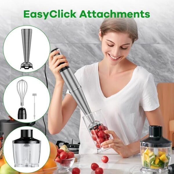 Conjunto de liquidificador de imersão portátil com fio de 1100 W, gatilho de velocidade variável, emulsificante 5 em 1 com picador, batedor e espumador para sopa, comida de bebê e vitaminas - Imagem 4