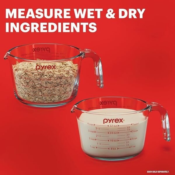 Pyrex Essentials (3 unidades) Conjunto de copos medidores de vidro, (1, 2 e 4 xícaras) copos medidores para preparar, assar e cozinhar, forno pré-aquecido, máquina de lavar louça, freezer e microondas - Imagem 3
