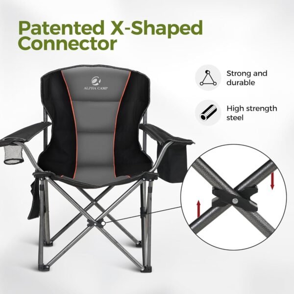 ALPHA CAMP Cadeira dobrável de acampamento grande, suporte resistente, estrutura de aço de 204 kg, dobrável, com suporte para copos, costas lombares quádruplas, portátil para uso ao ar livre - Imagem 9