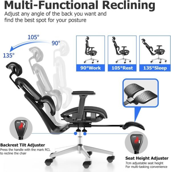 Cadeira de escritório de malha ergonômica com apoio de braço ajustável 3D, cadeira de computador com encosto alto Ergo3d Cadeira de escritório ergonômica com rodas para casa e escritório - Imagem 6