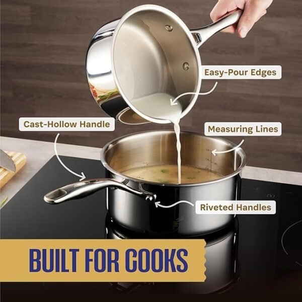 LEGEND COOKWARE Conjunto de panelas de aço inoxidável | 5 camadas, 14 peças, indução, não tóxico, seguro para forno | Melhor 18/8 totalmente revestido | Cozinha profissional, qualidade de chef pesado - Imagem 5