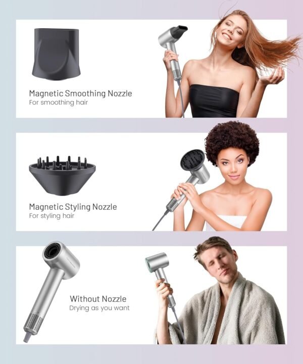 Secador de cabelo – Secador de cabelo iônico negativo com motor sem escova de alta velocidade de 150.000 RPM para secagem rápida, secador de cabelo com controle térmico de baixo ruído com difusor - Imagem 6