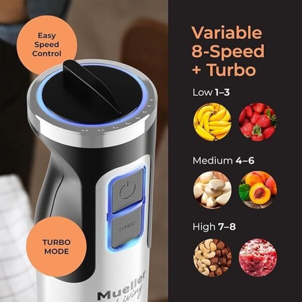Mueller Liquidificador de imersão portátil – liquidificador manual elétrico de aço inoxidável de 8 velocidades, liquidificador de emulsão 3 em 1 portátil com modo turbo, emulsificante para cozinha - Imagem 4