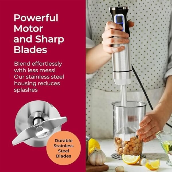 Mueller Liquidificador de imersão portátil – liquidificador manual elétrico de aço inoxidável de 8 velocidades, liquidificador de emulsão 3 em 1 portátil com modo turbo, emulsificante para cozinha - Imagem 5