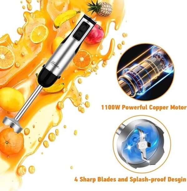Liquidificador de imersão portátil, liquidificador manual multiuso 5 em 1 1100W, liquidificador de 12 velocidades, copo de 600 ml, picador de 500 ml, batedor de ovos, espumador de leite, preto - Imagem 2