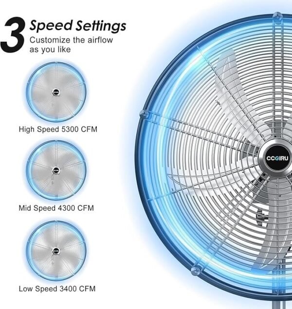 5300 CFM 20 "Ventilador de pedestal industrial de alta velocidade, ventilador de pé oscilante profissional de 3 velocidades com cabeça de tambor, ventilador de metal pesado para comercial, armazém, garagem, UL listado - Imagem 2
