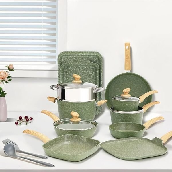 Conjunto de 17 panelas e frigideiras antiaderentes, conjunto de panelas de cozinha de granito de indução antiaderente, frigideiras de indução, conjunto de cozinha de granito antiaderente - Imagem 7