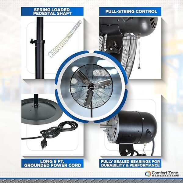 Comfort Zone Ventilador de pedestal industrial, 76 cm, 3 velocidades, alta velocidade, altura ajustável 142 cm a 193 cm, metal, atende aos padrões OSHA, fluxo de ar 11 m/s, ideal para garagem, oficina - Imagem 3