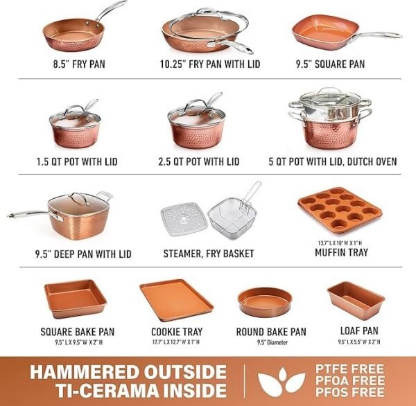 Gotham Steel Coleção Hammered Copper – Conjunto de panelas e frigideiras premium de 20 peças de cerâmica antiaderente + conjunto de utensílios de cozinha para cozinha, seguro para indução/máquina - Imagem 2