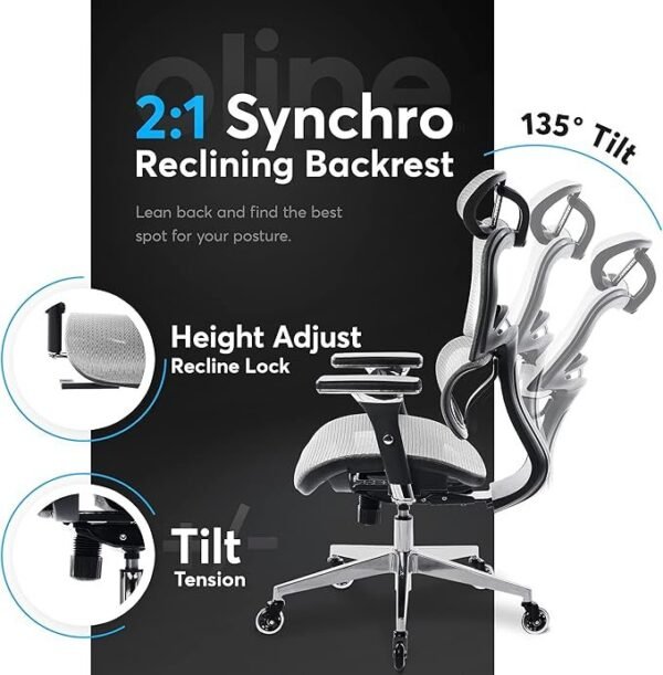 Oline Cadeira de escritório ergonômica ErgoPro – Cadeira de mesa com rodinhas com apoio de braço ajustável 4D, suporte lombar 3D e rodas de lâmina – Cadeira de malha para computador - Imagem 4