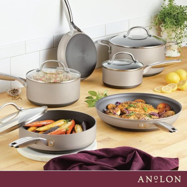 Anolon Achieve Conjunto de panelas e frigideiras antiaderentes anodizadas rígidas, 10 peças - prata - Imagem 8