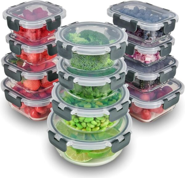 FineDine Recipientes de armazenamento de vidro de 24 peças com tampas – à prova de vazamento, podem ser lavados na lava-louças. Recipientes de armazenamento de alimentos. - Imagem 7