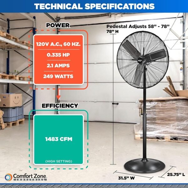 Comfort Zone Ventilador de pedestal industrial, 76 cm, 3 velocidades, alta velocidade, altura ajustável 142 cm a 193 cm, metal, atende aos padrões OSHA, fluxo de ar 11 m/s, ideal para garagem, oficina - Imagem 6