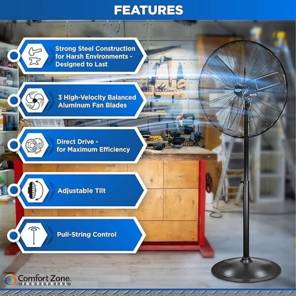 Comfort Zone Ventilador de pedestal industrial, 76 cm, 3 velocidades, alta velocidade, altura ajustável 142 cm a 193 cm, metal, atende aos padrões OSHA, fluxo de ar 11 m/s, ideal para garagem, oficina - Imagem 2