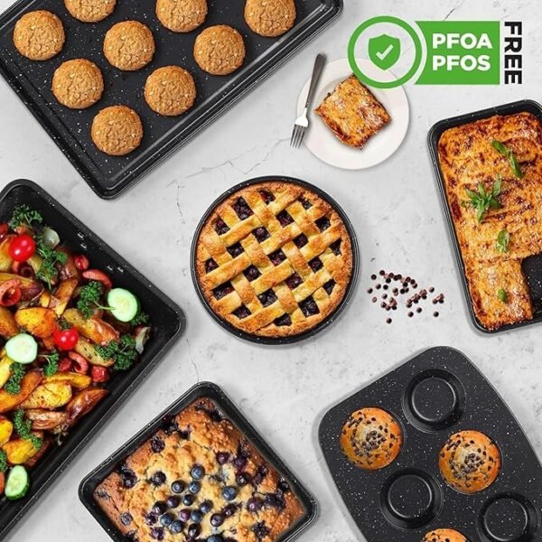 NutriChef Conjunto de assadeiras empilháveis de 8 peças | Conjunto de assadeiras antiaderentes de aço carbono | Inclui assadeira, muffin, redondo, pão, bolo quadrado e formas profundas | Sem PFOA - Imagem 3