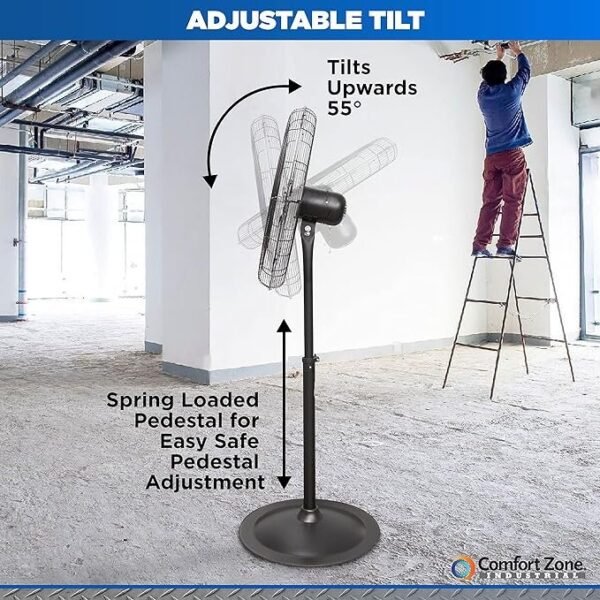 Comfort Zone Ventilador de pedestal industrial, 76 cm, 3 velocidades, alta velocidade, altura ajustável 142 cm a 193 cm, metal, atende aos padrões OSHA, fluxo de ar 11 m/s, ideal para garagem, oficina - Imagem 5