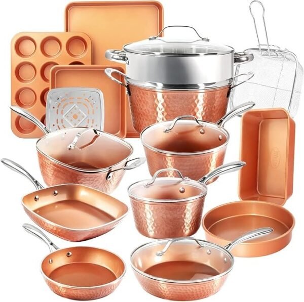 Gotham Steel Coleção Hammered Copper – Conjunto de panelas e frigideiras premium de 20 peças de cerâmica antiaderente + conjunto de utensílios de cozinha para cozinha, seguro para indução/máquina