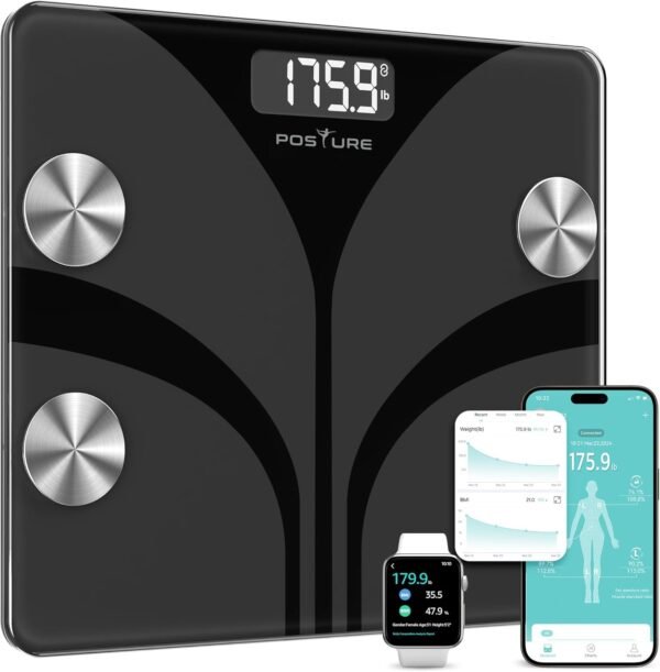 Posture Balança para peso corporal, tela LCD inteligente de banheiro digital, analisador de composição corporal, sincronização de 13 aplicativos, monitor de saúde BMl 181 kg - preto