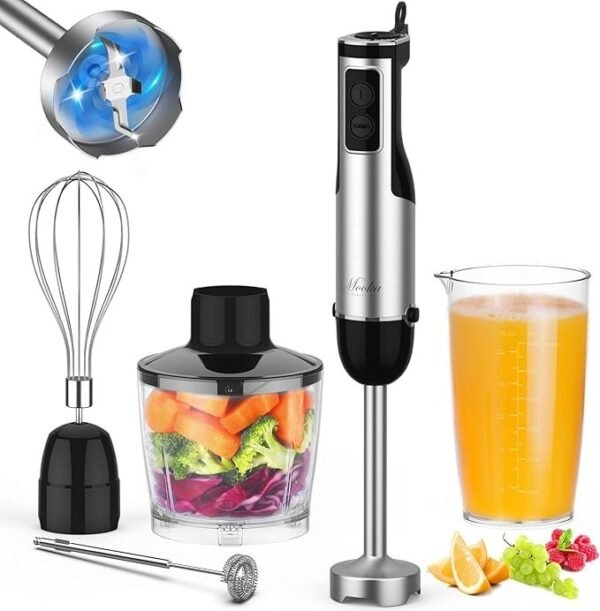 Liquidificador de imersão portátil, liquidificador manual multiuso 5 em 1 1100W, liquidificador de 12 velocidades, copo de 600 ml, picador de 500 ml, batedor de ovos, espumador de leite, preto