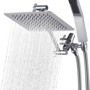 G-Promise Chuveiro quadrado duplo de 20 cm de metal com combo de spray portátil, cabeça de chuveiro de chuva, braço de extensão ajustável, desviador de 3 vias suave, mangueira extra longa de 180 cm -