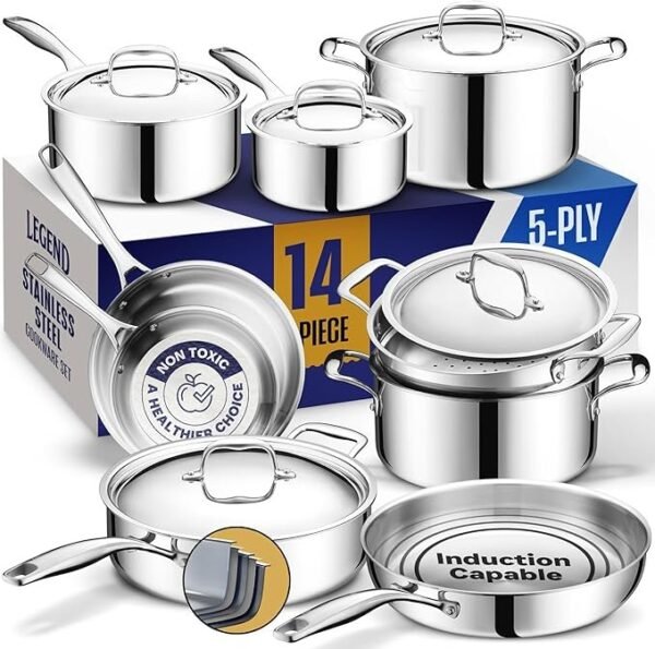 LEGEND COOKWARE Conjunto de panelas de aço inoxidável | 5 camadas, 14 peças, indução, não tóxico, seguro para forno | Melhor 18/8 totalmente revestido | Cozinha profissional, qualidade de chef pesado