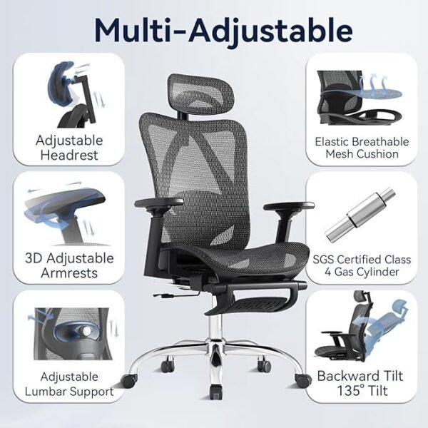 Cadeira de escritório ergonômica, encosto inclinado de 3 níveis, malha respirável com suporte lombar ajustável, apoio de cabeça e braços 3D, apoio para os pés retrátil