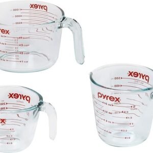 Pyrex Essentials (3 unidades) Conjunto de copos medidores de vidro, (1, 2 e 4 xícaras) copos medidores para preparar, assar e cozinhar, forno pré-aquecido, máquina de lavar louça, freezer e microondas