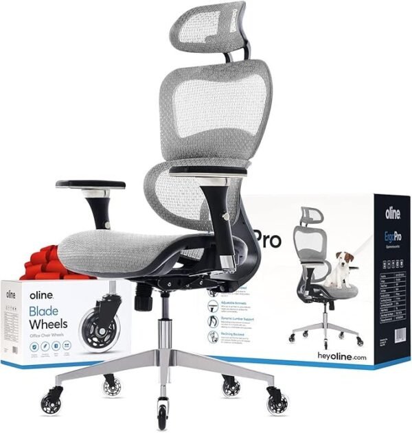 Oline Cadeira de escritório ergonômica ErgoPro – Cadeira de mesa com rodinhas com apoio de braço ajustável 4D, suporte lombar 3D e rodas de lâmina – Cadeira de malha para computador