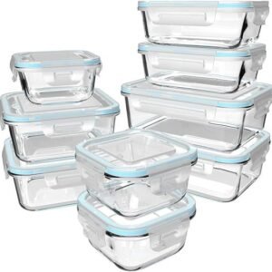 18 recipientes de vidro para armazenamento de alimentos com tampas, recipientes de vidro para preparação de refeições, recipientes de armazenamento de alimentos com tampas, sem BPA e à prova