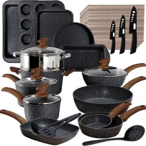 Conjunto de panelas e assadeiras de indução de cozinha - Conjunto de 30 peças de panelas e frigideiras antiaderentes de granito preto