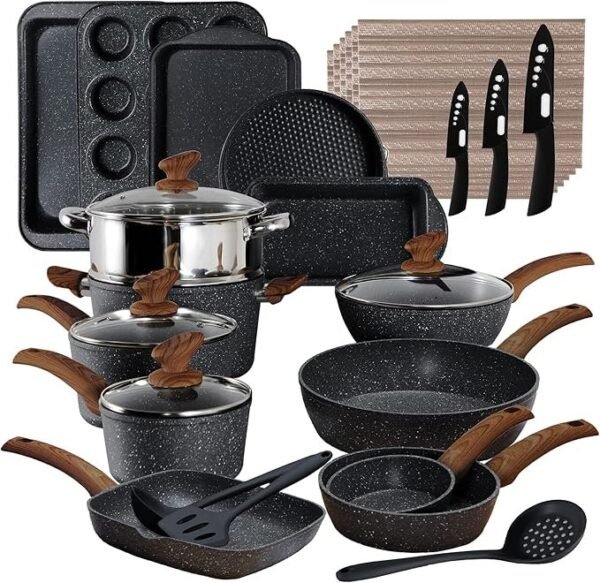 Conjunto de panelas e assadeiras de indução de cozinha - Conjunto de 30 peças de panelas e frigideiras antiaderentes de granito preto