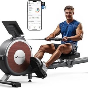 MERACH Máquina de remo, máquina de remo magnético para casa, 16 níveis de resistência silenciosa, trilho deslizante duplo com capacidade máxima de 158 kg, compatível com aplicativo