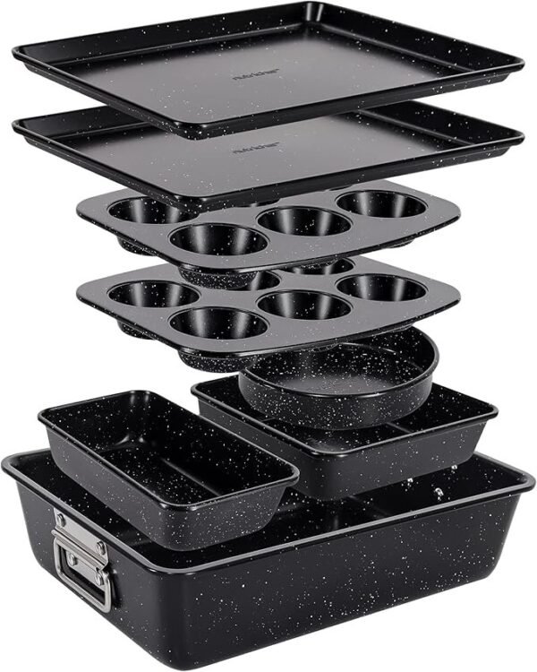 NutriChef Conjunto de assadeiras empilháveis de 8 peças | Conjunto de assadeiras antiaderentes de aço carbono | Inclui assadeira, muffin, redondo, pão, bolo quadrado e formas profundas | Sem PFOA