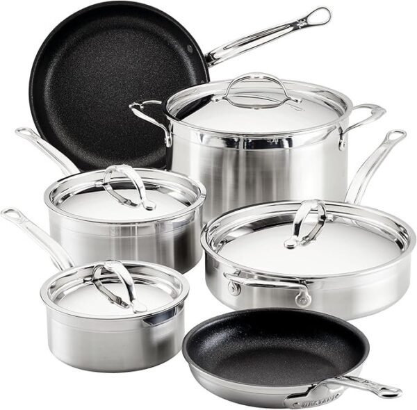 Hestan - Coleção ProBond - Conjunto profissional de panelas antiaderentes TITUM de aço inoxidável, compatível com placa de indução, feito sem PFOAs (10 peças)
