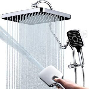 Cabeças de chuveiro de 33 cm com combo de pulverizador portátil multifuncional, desviador estendido de metal de 3 vias com suporte e braço de extensão de chuveiro curvado ajustável de metal, mangueira