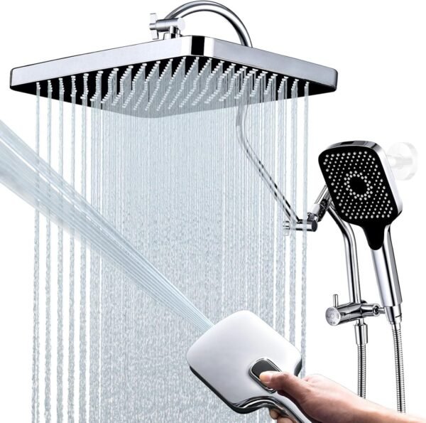Cabeças de chuveiro de 33 cm com combo de pulverizador portátil multifuncional, desviador estendido de metal de 3 vias com suporte e braço de extensão de chuveiro curvado ajustável de metal, mangueira