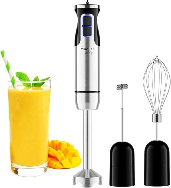 Mueller Liquidificador de imersão portátil – liquidificador manual elétrico de aço inoxidável de 8 velocidades, liquidificador de emulsão 3 em 1 portátil com modo turbo, emulsificante para cozinha
